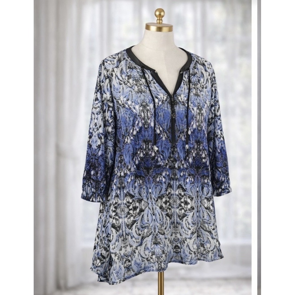 Rafaella Flowy Tunic Top Blue Black Size 1X Faux Leather Trim Tassel Artsy